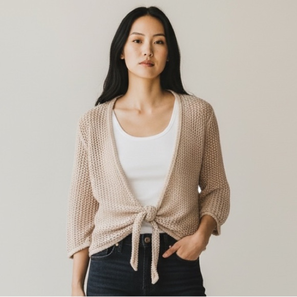 Vintage Christopher & Banks Beige Crochet Knit Tie Front Cardigan